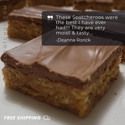 Close-up image of a Scotcheroo bar with a smooth chocolate topping and crispy base, overlaid with a customer review praising the product's flavor and quality—highlighting satisfaction and trust in the treat.