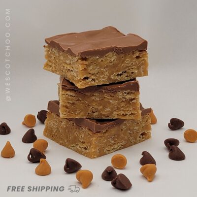 Scotcheroos, featuring crispy rice cereal mixed with a chewy peanut butter base, topped with a smooth chocolate -butterscotch layer. These handmade, no-bake treats are perfect for sweet lovers, gifting, and indulging in a nostalgic dessert experience