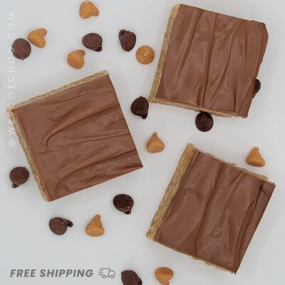 Overhead view of several Scotcheroo bars arranged on a white surface, surrounded by scattered chocolate and butterscotch chips, highlighting the key ingredients and rich texture of the dessert.