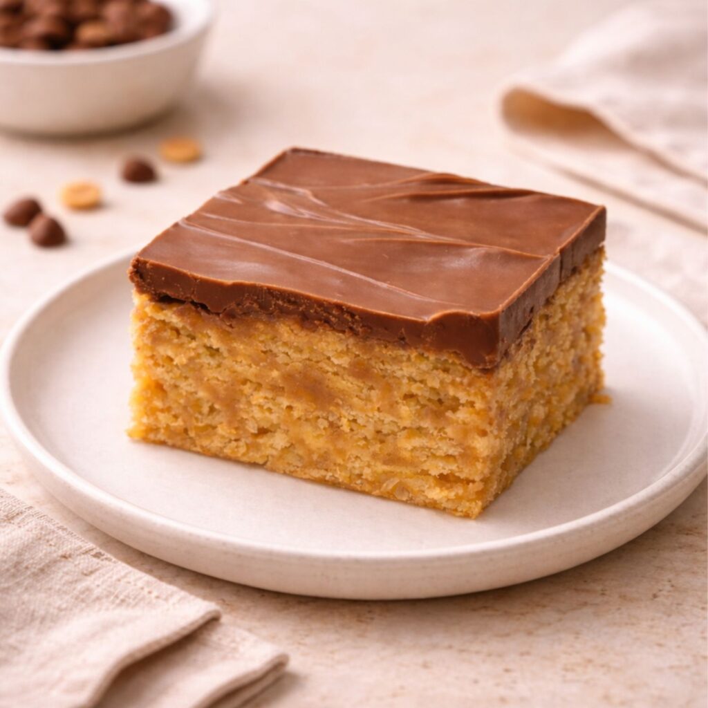 Thick Scotcheroo bar with chocolate and butterscotch topping on ceramic plate in warm boutique kitchen setting