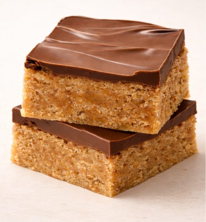 Stacked Scotcheroo bars with thick chocolate and butterscotch topping over chewy peanut butter cereal base {{brizy_dc_image_alt imageSrc=