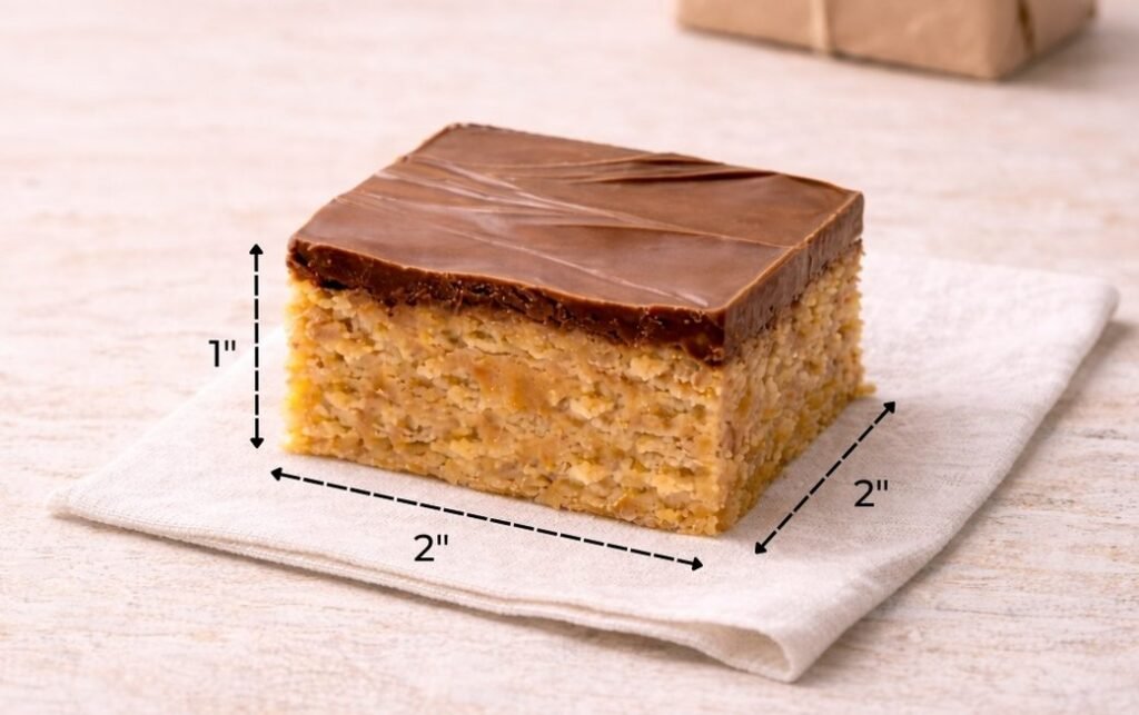 Size reference showing a 2x2 inch Scotcheroo bar with 1 inch height, layered peanut butter cereal base topped with thick chocolate and butterscotch.