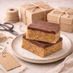 Stacked Scotcheroo bars on a handmade artisan ceramic plate with kraft gift boxes tied in twine, scissors, and wrapping supplies in the background, styled to highlight gourmet dessert gifting.