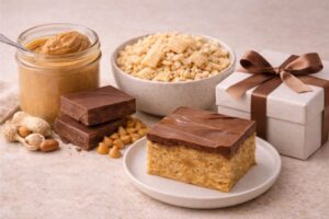 Scotcheroo bar on a plate with peanut butter, chocolate squares, butterscotch chips, and Rice Chex and Rice Krispies ingredients arranged on a neutral artisan surface.