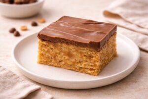 Handcrafted Scotcheroo bar with thick chocolate and butterscotch topping on a neutral ceramic plate, small-batch peanut butter rice cereal dessert.