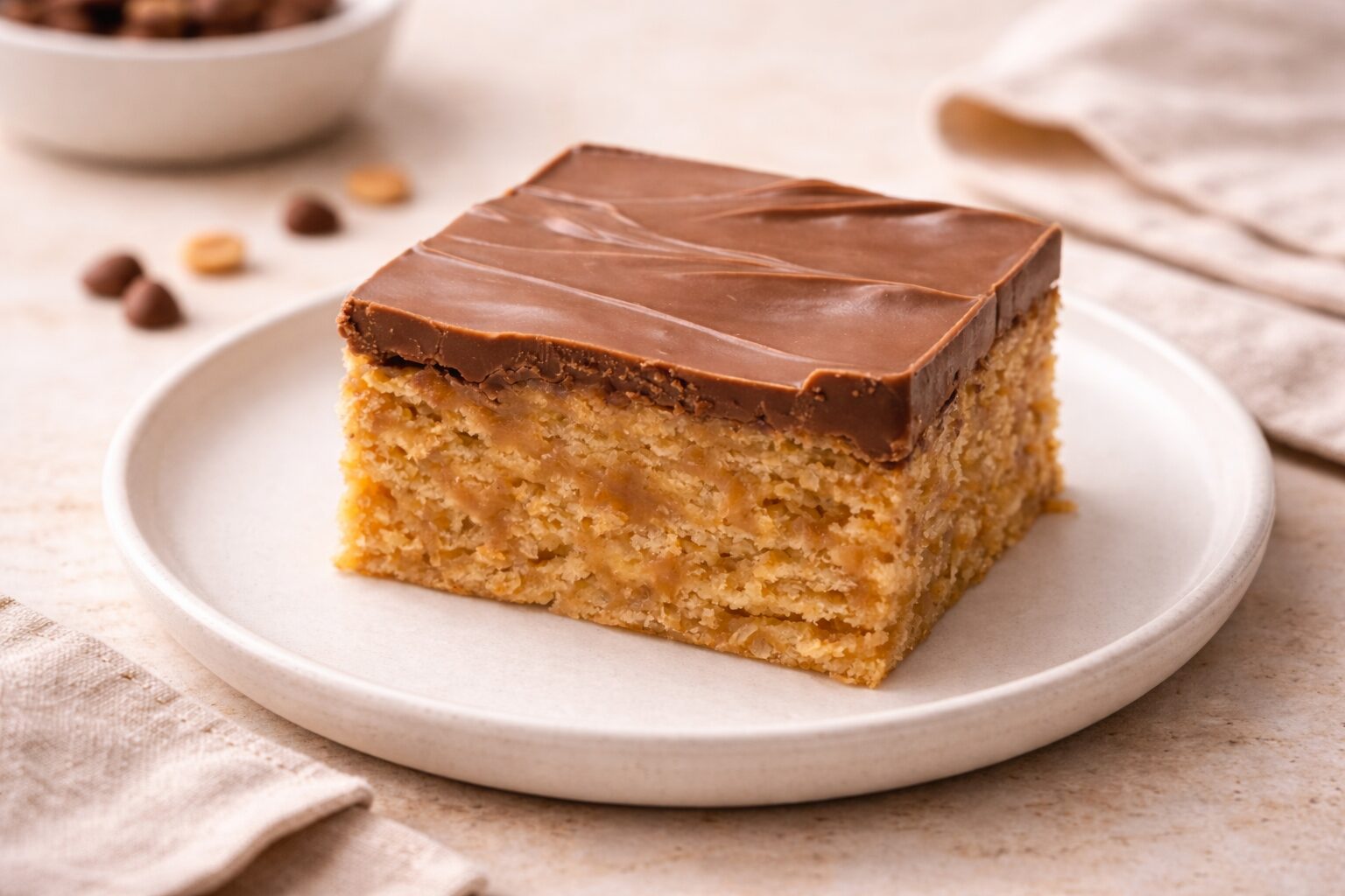 Handcrafted Scotcheroo bar with thick chocolate and butterscotch topping on a neutral ceramic plate, small-batch peanut butter rice cereal dessert. {{brizy_dc_image_alt imageSrc=