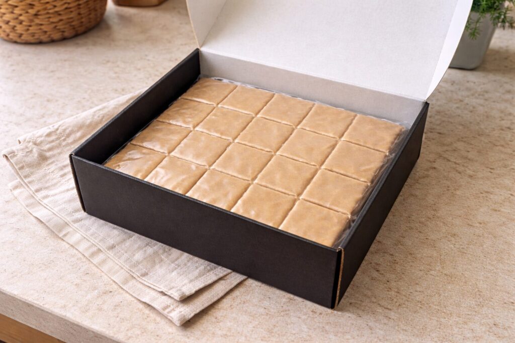 Open black gift box filled with vacuum sealed Scotcheroo bars arranged in neat squares, packaged for fresh nationwide shipping for dessert gift delivery