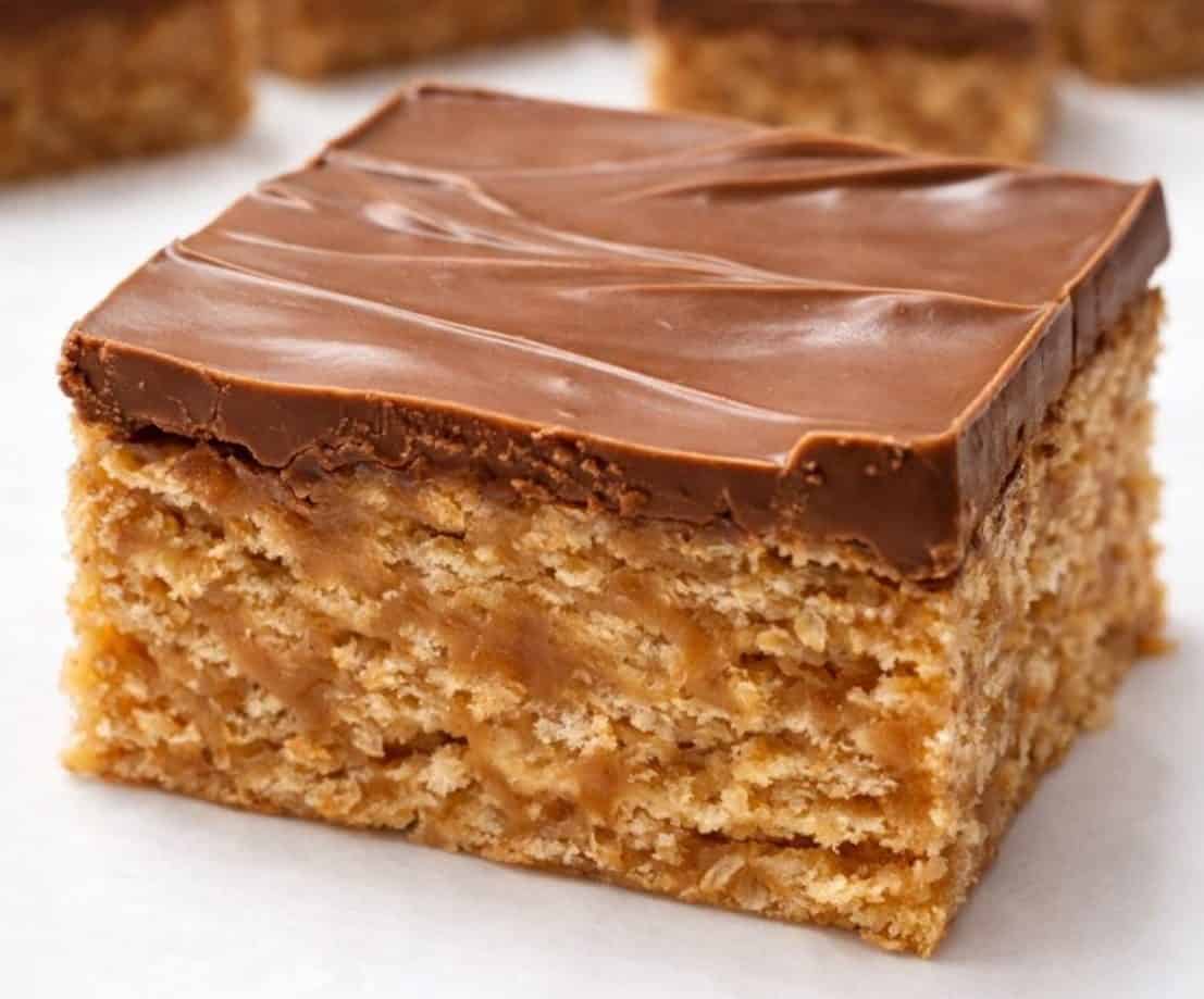 Freshly made peanut butter chocolate rice krispie bars cut by hand in small batches before being packaged for shipping.