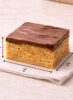 Size reference showing a 2x2 inch Scotcheroo bar with 1 inch height, layered peanut butter cereal base topped with thick chocolate and butterscotch.