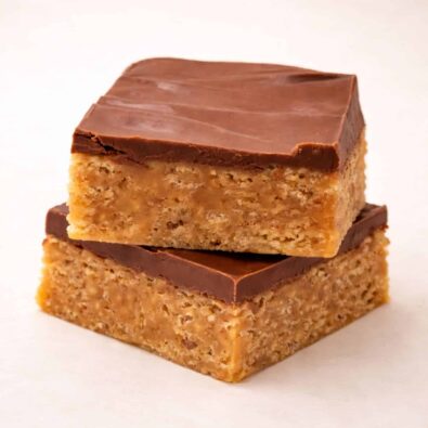 Stacked Scotcheroo bars with thick chocolate and butterscotch topping over chewy peanut butter cereal base