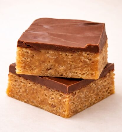 Stacked Scotcheroo bars with thick chocolate and butterscotch topping over chewy peanut butter cereal base {{brizy_dc_image_alt imageSrc=